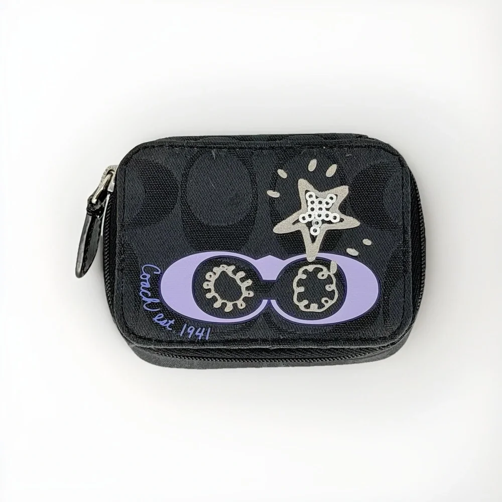 Coach Signature C Triple Pill Case Travel Organizer Black Purple 1941